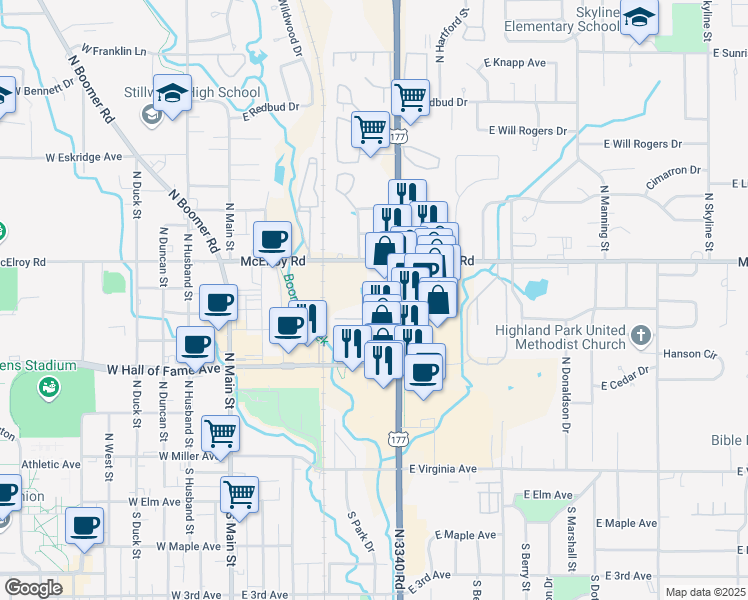 map of restaurants, bars, coffee shops, grocery stores, and more near 616 North Perkins Road in Stillwater