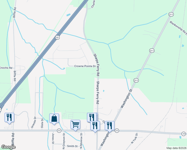 map of restaurants, bars, coffee shops, grocery stores, and more near 783 Sharps Ferry Road in Newbern