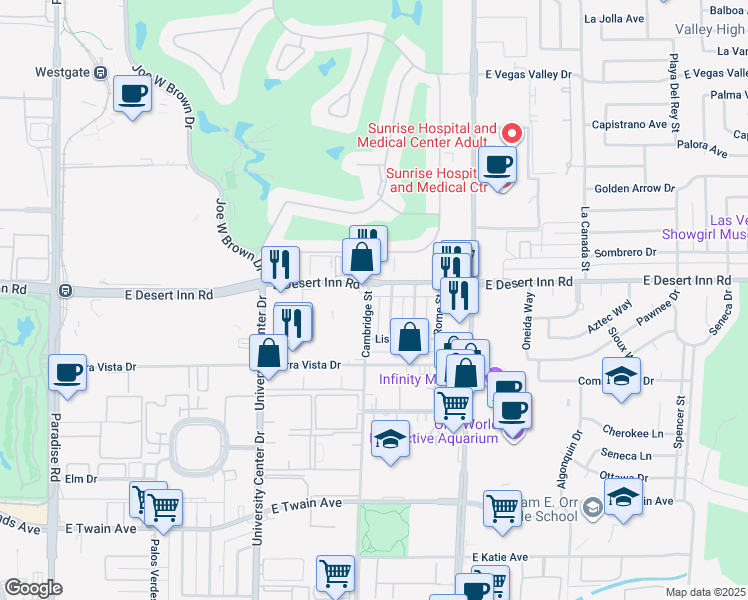 map of restaurants, bars, coffee shops, grocery stores, and more near 3330 Cambridge Street in Las Vegas
