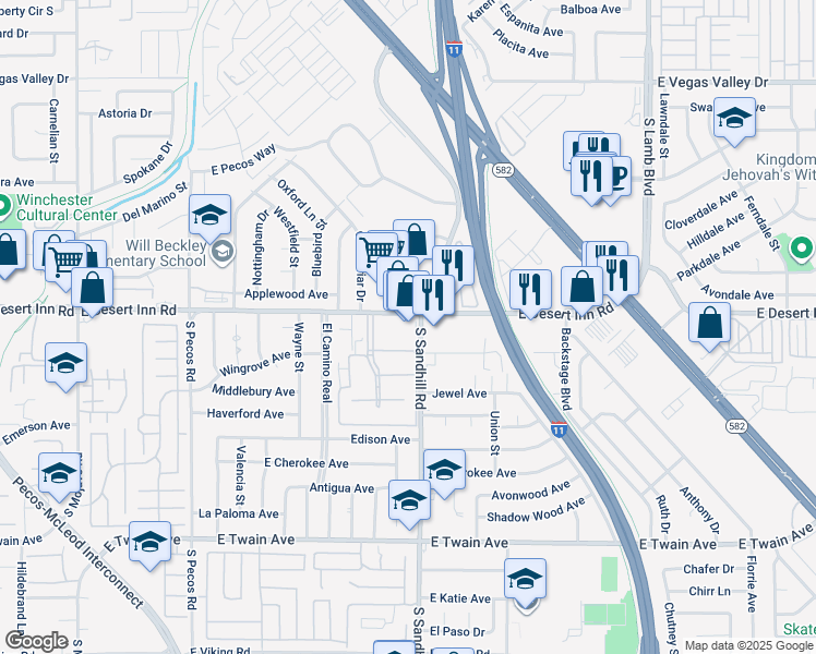 map of restaurants, bars, coffee shops, grocery stores, and more near 3310 South Sandhill Road in Las Vegas