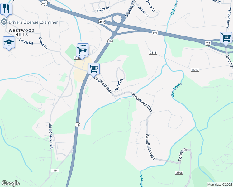 map of restaurants, bars, coffee shops, grocery stores, and more near 1500 Ivy Trce in Wilkesboro