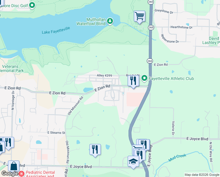 map of restaurants, bars, coffee shops, grocery stores, and more near 2598 East Bayside Xing in Fayetteville