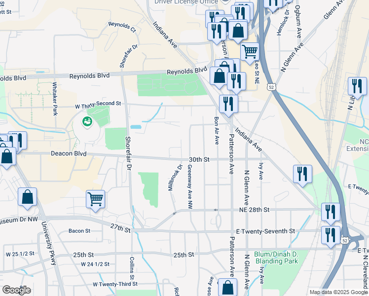 map of restaurants, bars, coffee shops, grocery stores, and more near 3014 Greenway Avenue Northwest in Winston-Salem