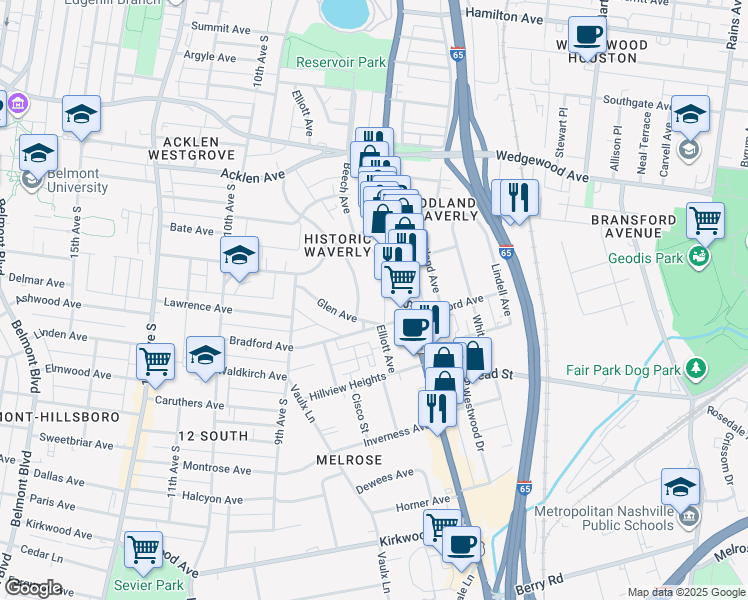 map of restaurants, bars, coffee shops, grocery stores, and more near 2208B Elliott Avenue in Nashville