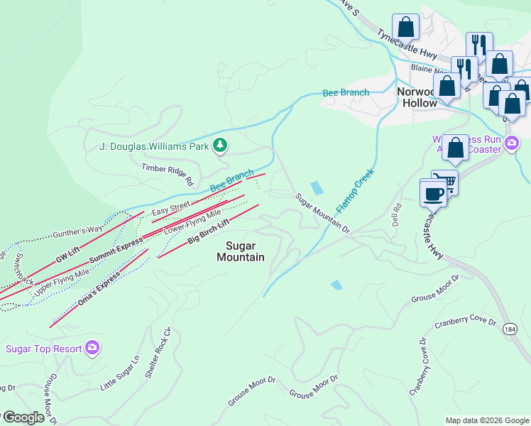 map of restaurants, bars, coffee shops, grocery stores, and more near 1 Sugar Mountain Drive in Sugar Mountain