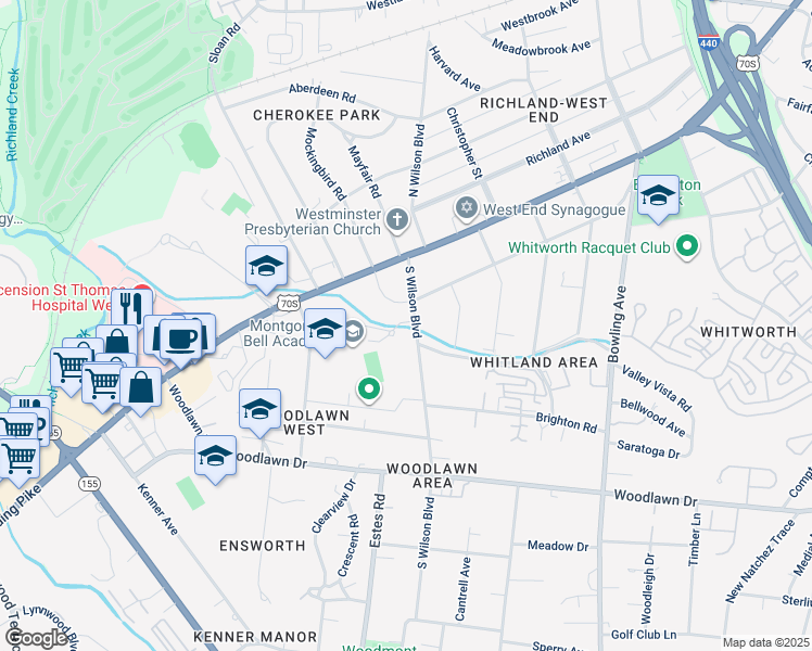 map of restaurants, bars, coffee shops, grocery stores, and more near 207 South Wilson Boulevard in Nashville
