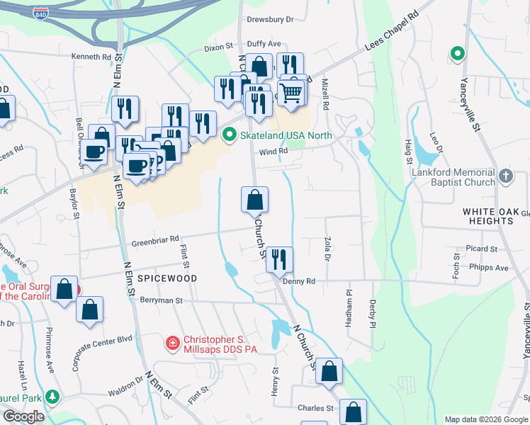 map of restaurants, bars, coffee shops, grocery stores, and more near 3604 North Church Street in Greensboro