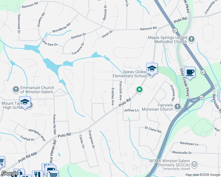 map of restaurants, bars, coffee shops, grocery stores, and more near 164 Endsley Avenue in Winston-Salem