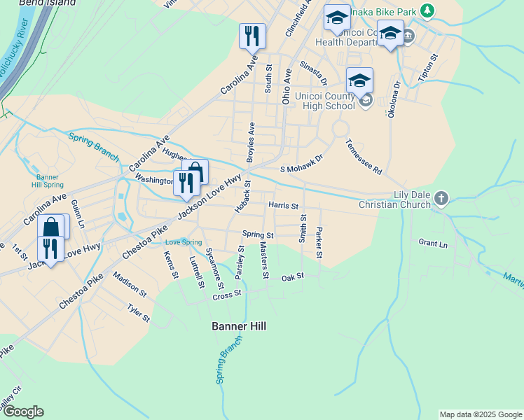 map of restaurants, bars, coffee shops, grocery stores, and more near 119 Belmont Street in Erwin