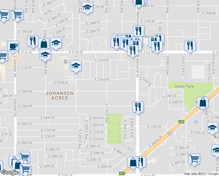 map of restaurants, bars, coffee shops, grocery stores, and more near 7705 East 24th Street in Tulsa