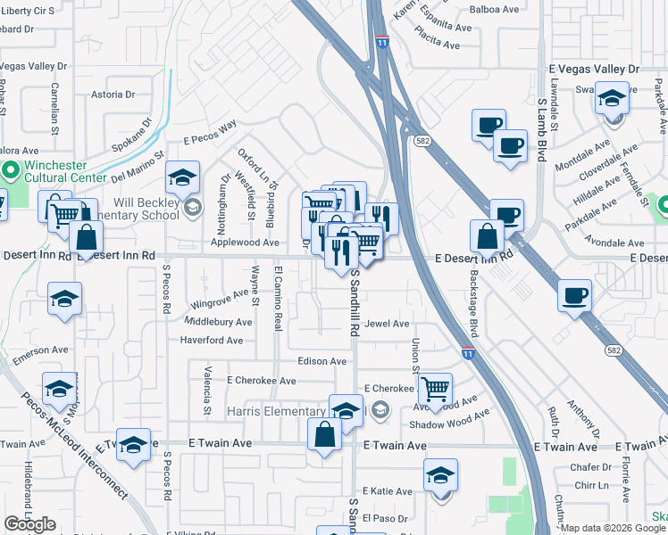 map of restaurants, bars, coffee shops, grocery stores, and more near 3751 Garden Parkway in Las Vegas
