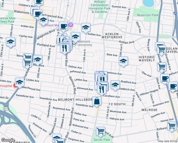 map of restaurants, bars, coffee shops, grocery stores, and more near 1400 Ashwood Ave in Nashville