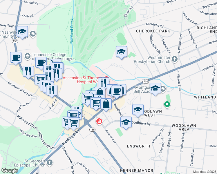 map of restaurants, bars, coffee shops, grocery stores, and more near 4220 Harding Pike in Nashville
