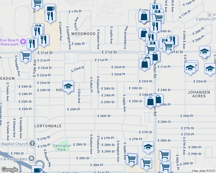 map of restaurants, bars, coffee shops, grocery stores, and more near 5733 East 24th Street in Tulsa