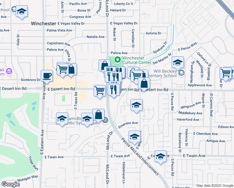 map of restaurants, bars, coffee shops, grocery stores, and more near 3055 E Desert Inn Rd in Las Vegas
