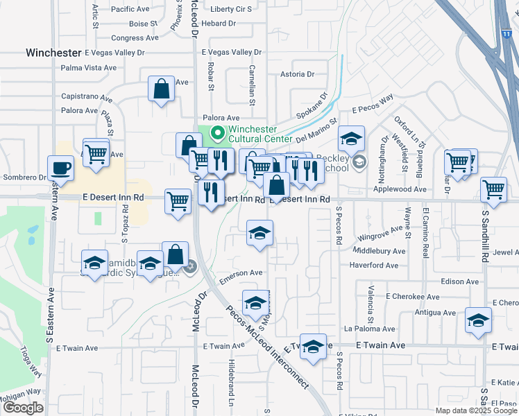 map of restaurants, bars, coffee shops, grocery stores, and more near 3185 East Desert Inn Road in Las Vegas