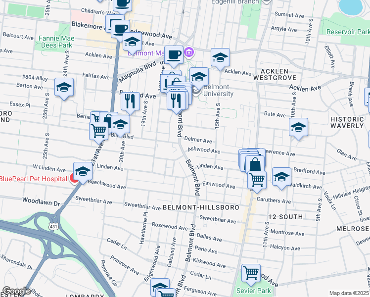 map of restaurants, bars, coffee shops, grocery stores, and more near 2120 Belmont Boulevard in Nashville