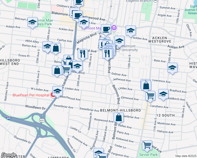 map of restaurants, bars, coffee shops, grocery stores, and more near 1716 Ashwood Avenue in Nashville