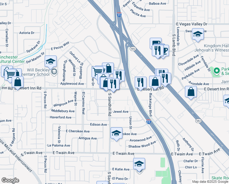 map of restaurants, bars, coffee shops, grocery stores, and more near 3310 South Sandhill Road in Las Vegas
