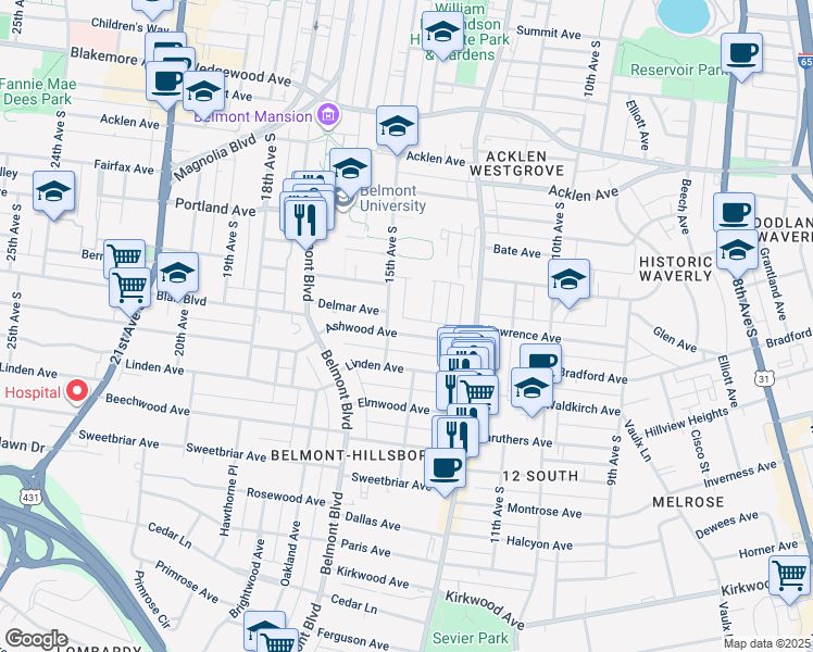 map of restaurants, bars, coffee shops, grocery stores, and more near 1400 Ashwood Avenue in Nashville