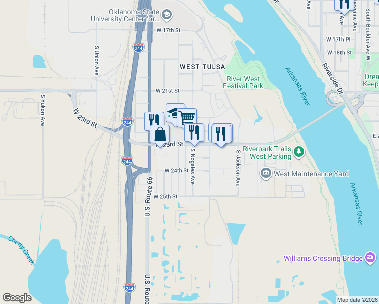 map of restaurants, bars, coffee shops, grocery stores, and more near 921 West 23rd Place in Tulsa