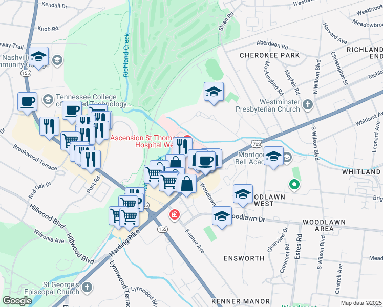 map of restaurants, bars, coffee shops, grocery stores, and more near 4220 Harding Pike in Nashville