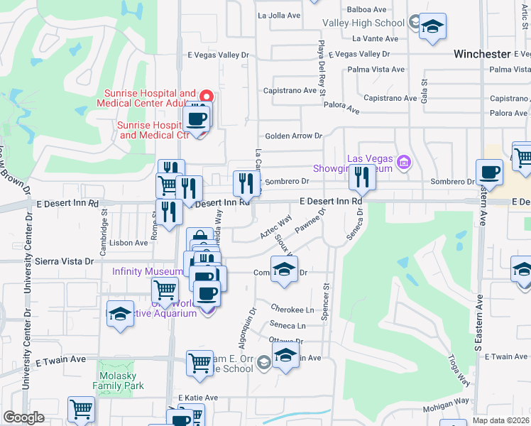 map of restaurants, bars, coffee shops, grocery stores, and more near 3327 Seminole Circle in Las Vegas