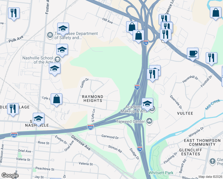 map of restaurants, bars, coffee shops, grocery stores, and more near 1981 Lavergne Ct in Nashville