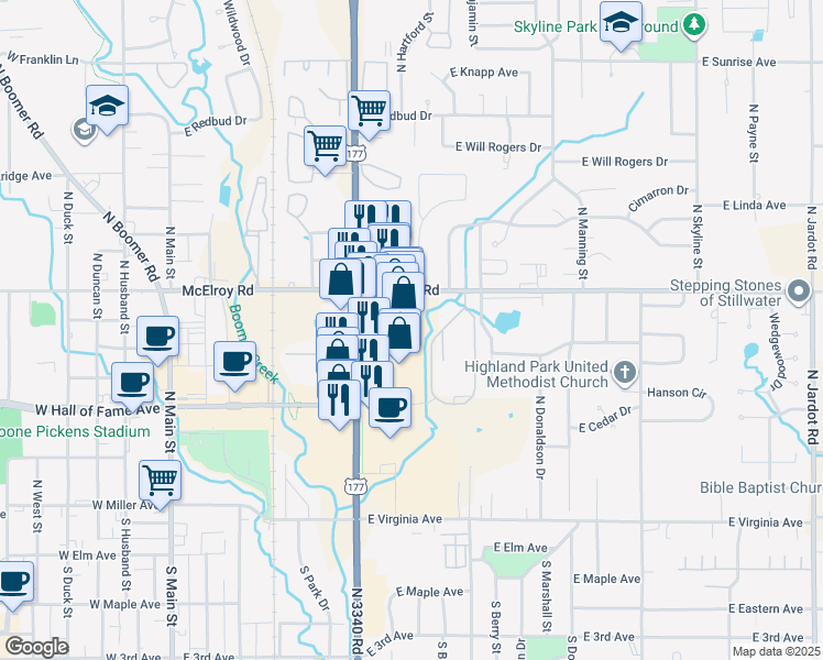 map of restaurants, bars, coffee shops, grocery stores, and more near 625 North Perkins Road in Stillwater