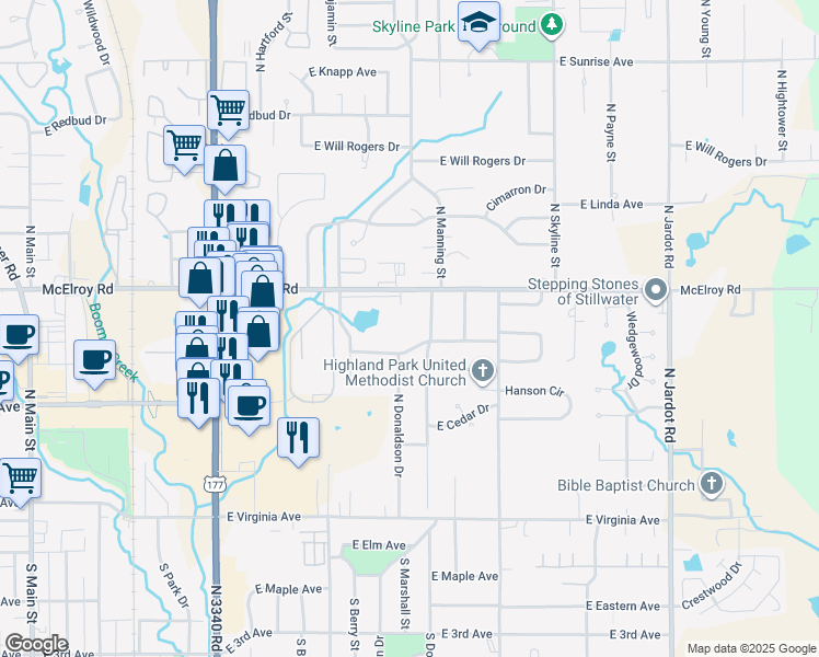map of restaurants, bars, coffee shops, grocery stores, and more near 617 North Donaldson Drive in Stillwater