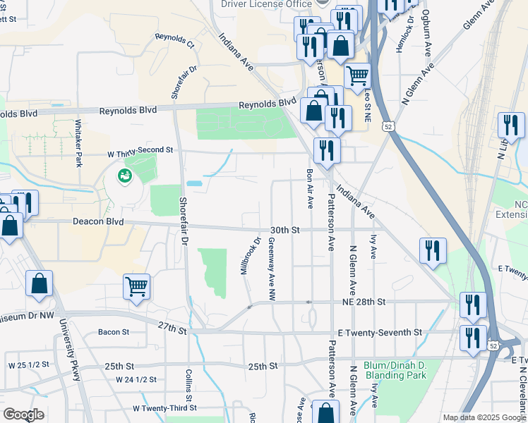 map of restaurants, bars, coffee shops, grocery stores, and more near 3014 Greenway Avenue Northwest in Winston-Salem