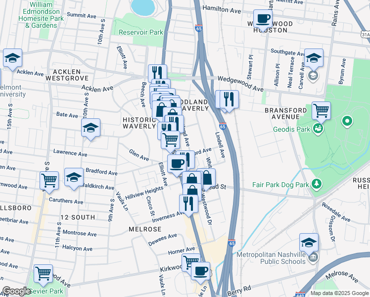 map of restaurants, bars, coffee shops, grocery stores, and more near 2226a Grantland Avenue in Nashville