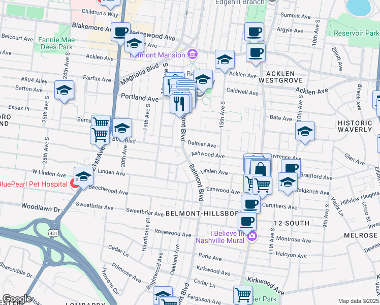 map of restaurants, bars, coffee shops, grocery stores, and more near 1523 Ashwood Avenue in Nashville