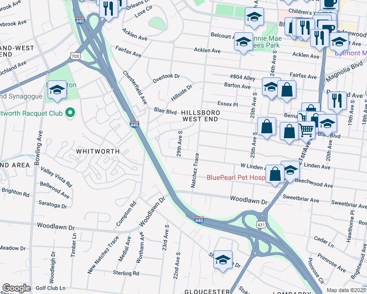 map of restaurants, bars, coffee shops, grocery stores, and more near 2219 29th Avenue South in Nashville