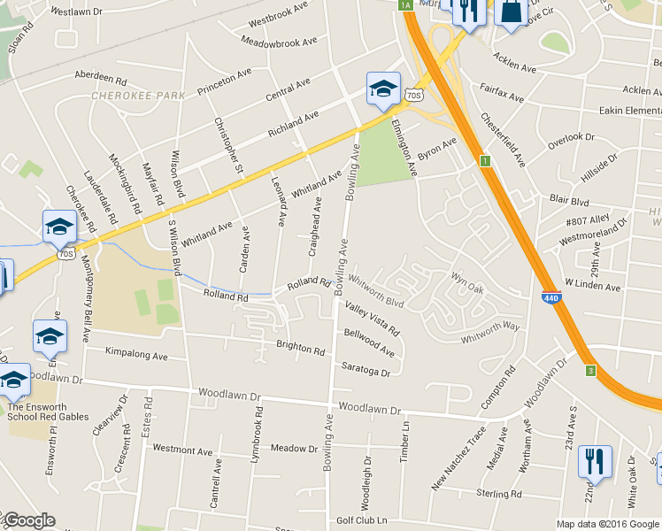 map of restaurants, bars, coffee shops, grocery stores, and more near 67 Whitworth Boulevard in Nashville