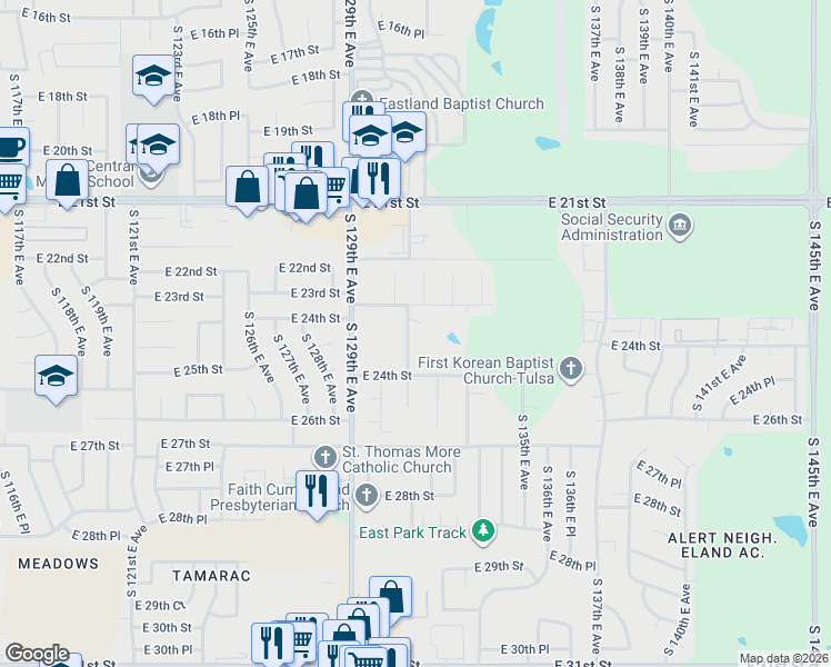 map of restaurants, bars, coffee shops, grocery stores, and more near 2335 South 131st East Avenue in Tulsa