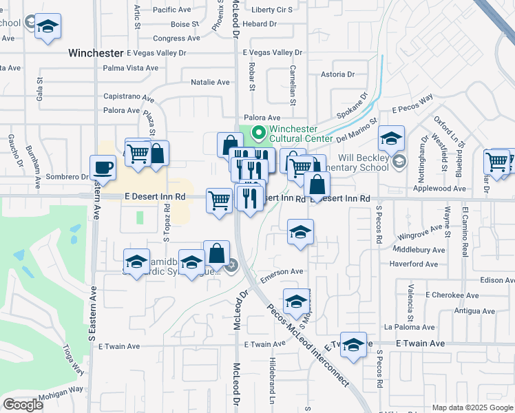 map of restaurants, bars, coffee shops, grocery stores, and more near 3055 East Desert Inn Road in Las Vegas