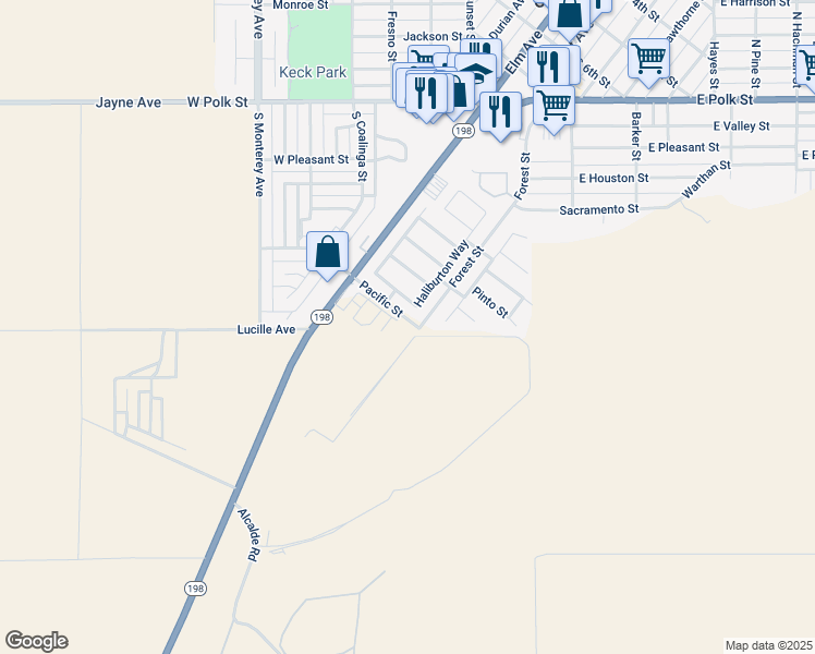 map of restaurants, bars, coffee shops, grocery stores, and more near 245 Pacific Street in Coalinga