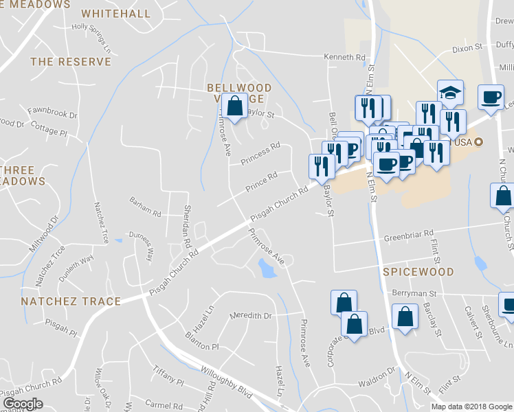 map of restaurants, bars, coffee shops, grocery stores, and more near 720 Pisgah Church Road in Greensboro
