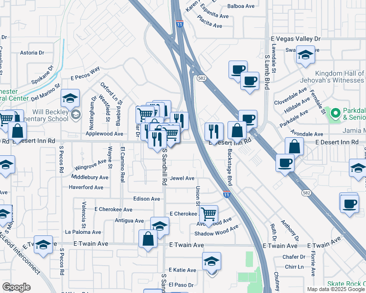 map of restaurants, bars, coffee shops, grocery stores, and more near 3875 East Desert Inn Road in Las Vegas