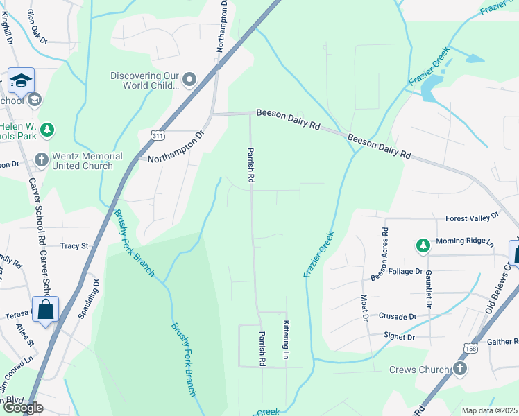 map of restaurants, bars, coffee shops, grocery stores, and more near 3473 Parrish Road in Winston-Salem