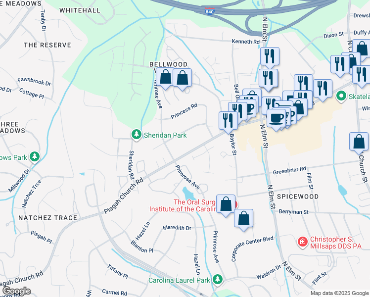 map of restaurants, bars, coffee shops, grocery stores, and more near 720 Pisgah Church Road in Greensboro