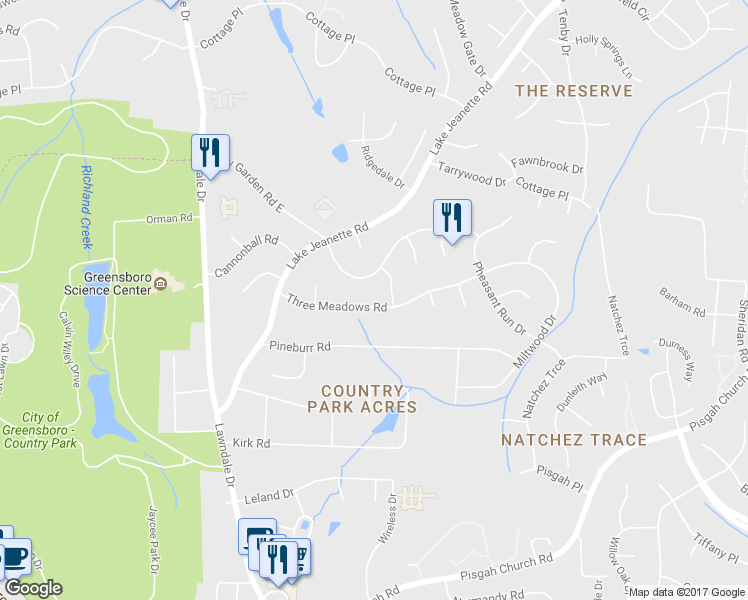 map of restaurants, bars, coffee shops, grocery stores, and more near 2104 Three Meadows Road in Greensboro