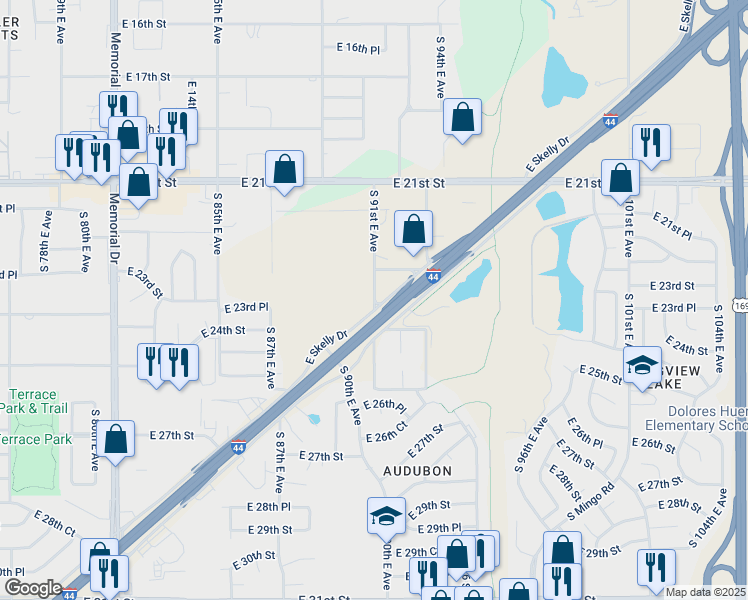 map of restaurants, bars, coffee shops, grocery stores, and more near East 13th Street in Tulsa