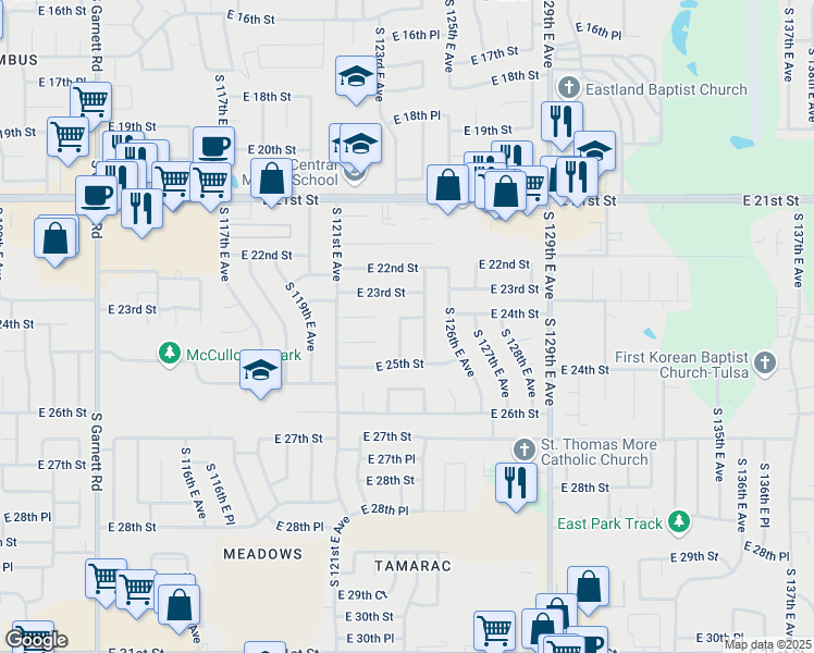 map of restaurants, bars, coffee shops, grocery stores, and more near 2420 South 123rd East Avenue in Tulsa