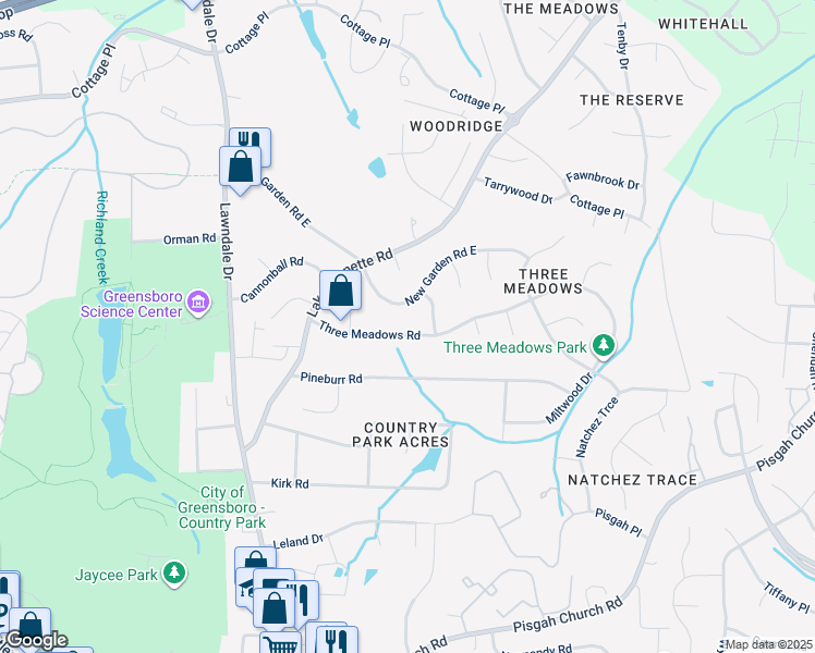 map of restaurants, bars, coffee shops, grocery stores, and more near 2106 Three Meadows Road in Greensboro