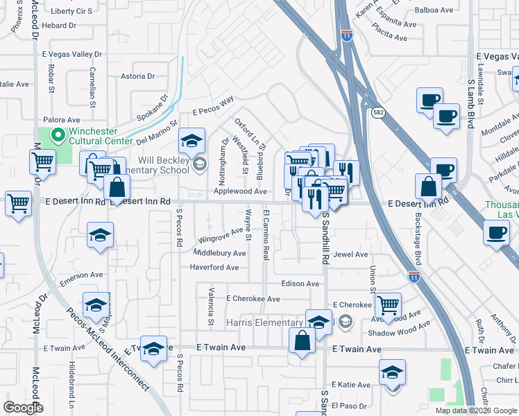map of restaurants, bars, coffee shops, grocery stores, and more near 3313 El Camino Real in Las Vegas