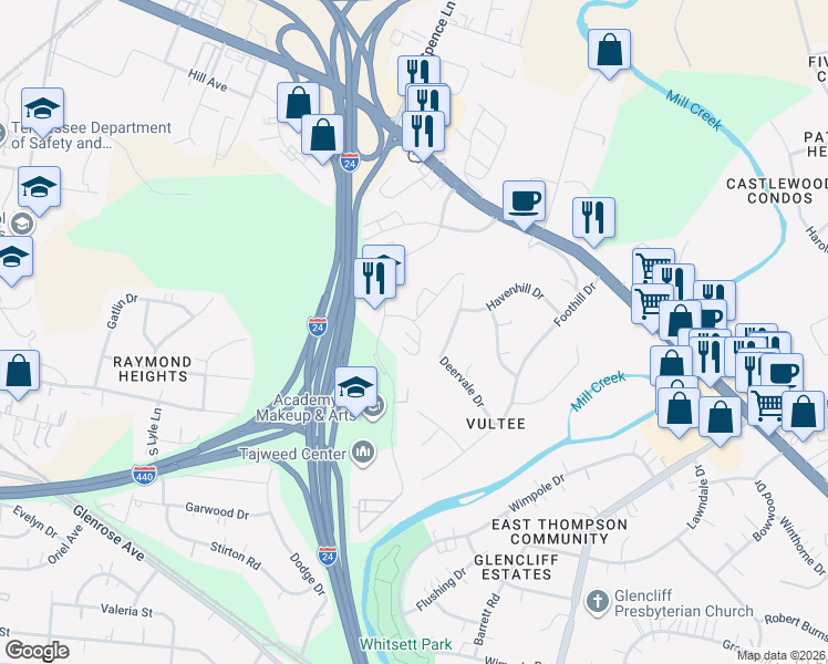 map of restaurants, bars, coffee shops, grocery stores, and more near 308 Plus Park Boulevard in Nashville