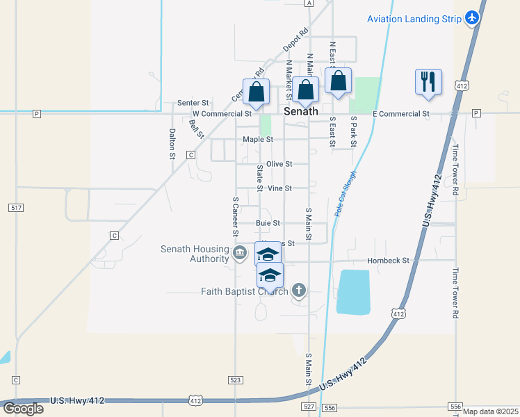 map of restaurants, bars, coffee shops, grocery stores, and more near State Street in Senath