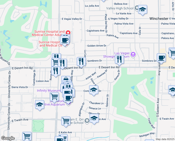 map of restaurants, bars, coffee shops, grocery stores, and more near 1590 Aztec Way in Las Vegas